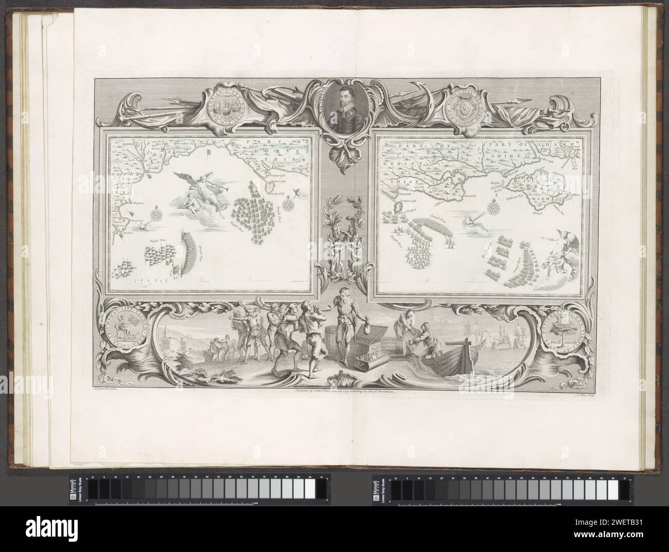 Cartes de l'Armada espagnole (22 et 24 juillet 1588), 1739 imprimer deux cartes (V-VI) avec la flotte espagnole et anglaise dans le canal près de l'île de Portland et Weymouth, dans un cadre ornemental. En haut du cadre, un cartouche avec le portrait de Francis Drake. Entre les ancres, les lances et les bannières, une pièce commémorative avec trois navires d'un côté et de l'autre le Wapen van Zeeland. En bas à gauche, une monnaie représente la reine Elizabeth I dans un wagon triomphal, avec une branche de palmier et un livre avec les premiers mots de la prière du Seigneur en néerlandais. Sur le dos de la monnaie, représenté sur le Banque D'Images