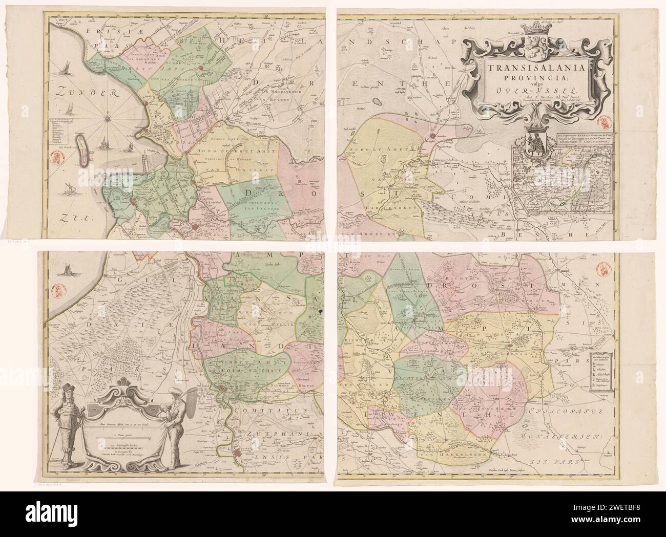 Carte d'Overijssel, composé de quatre parties, Gerard Coeck, 1743 imprimer en bas à gauche un cartouche avec trois bâtons à l'échelle : deux miles communs de 15 sur un paître, 2 heures Gaens, 2000 tiges de Rhijnlantsche. A gauche d'un homme avec un chapeau à droite un pêcheur. En haut à droite du cartouche de titre avec au-dessus les vues provinciales et sous l'arme de la chevalerie d'Overijssel. Cela comprend une carte de déploiement avec le postalways de Overijssel à Groningen et Leeuwarden, avec une distribution des degrés le long des bords. Sur la carte de déploiement un bol : un gang d'heures. En bas à droite une légende. Degre Banque D'Images