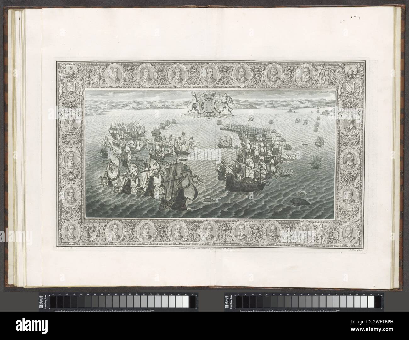 Reproduction d'un tapis mural sur l'Armada espagnole (20-21 juillet), 1739 imprimer la flotte anglaise (à gauche) et espagnole (à droite) dans le canal sous la côte de Cornouailles et Devon avec au sommet des armoiries de la reine anglaise Elizabeth I. La performance (numérotée II) est contenue dans un bord orné avec 22 portraits de commandants de la flotte anglaise. Au milieu du portrait de Charles Howard, le Lord High Admiral. Il y a des armes dans les coins supérieurs. Entre les portraits de guildes de fleurs et de fruits, singes, oiseaux, puti, corne d'abondance etc Le spectacle fait partie d'un livre sur le SP Banque D'Images