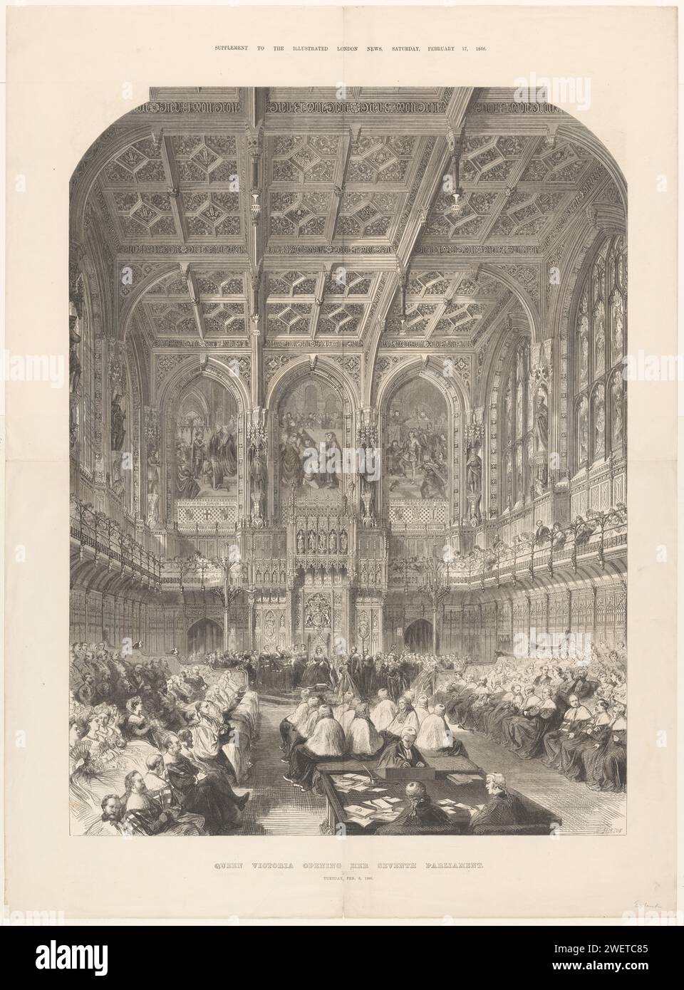 La reine Victoria ouvre le Parlement, 1866, Mason Jackson, 1866 imprimer la reine Victoria ouvre la session du Parlement, 6 février 1866. Son septième Parlement, réuni dans la Hogerhuis britannique (Chambre des Lords). Papier Chambre haute, Sénat. Actes officiels des dirigeants, par exemple actes royaux (dirigeant donnant audience, accordant miséricorde, etc. ; Dirigeant et ses sujets) chambres du Parlement Banque D'Images