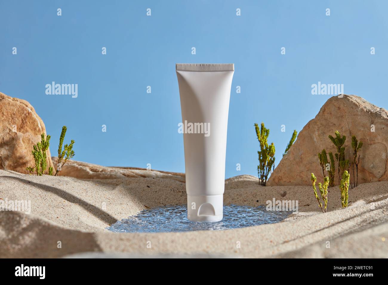 Scène de maquette pour produit cosmétique avec concept naturel. Tube en plastique blanc sans étiquette sur la petite flaque d'eau, sable, arbres verts et rochers dans le bleu Banque D'Images