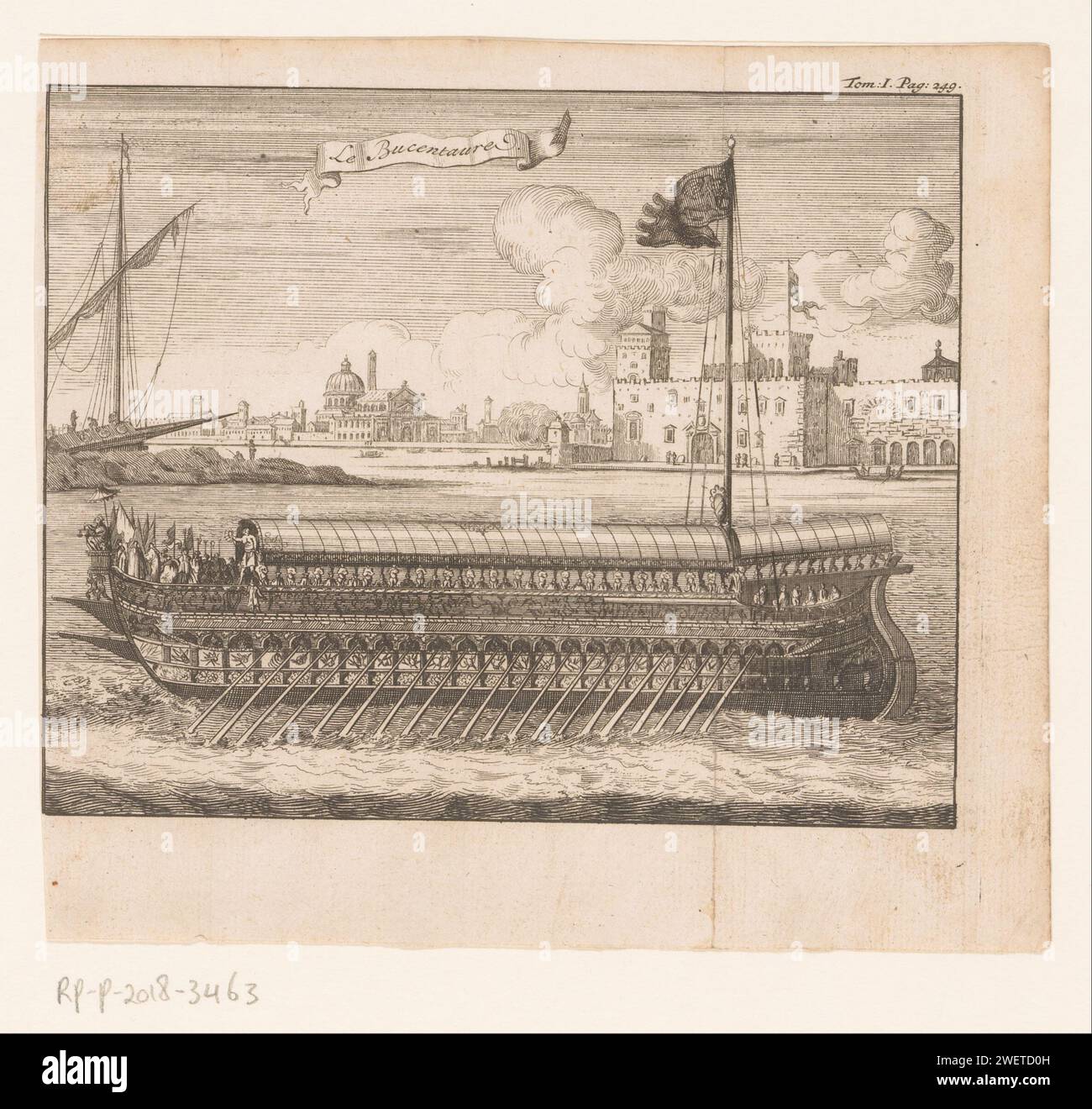 Vue du Bucentaure de Venise pendant la Festa della Sensa, Anonyme, c. 1670 - c. 1727 imprimer en haut à droite : Tom. 1, p. 249. chaland de remorquage de papier, barge de remorquage. navires (en général). Autre souverain : doge Venise Banque D'Images