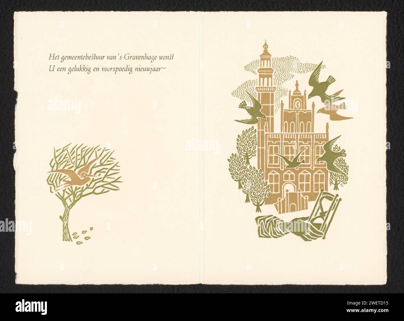 Vœux de Noël et du nouvel an de la municipalité de la Haye, Anonyme, c. 1940 - c. 1980 impression sur le devant des armoiries de la ville de la Haye. A l'intérieur sur la gauche un héron qui vole sur un arbre, des oiseaux droit à un bâtiment avec une main avec un sablier devant. À gauche également le texte: "L'administration municipale de" s-Gravenhage vous souhaite une bonne et prospère année". armoiries en papier (symbole de souveraineté). sablier. oiseaux Banque D'Images