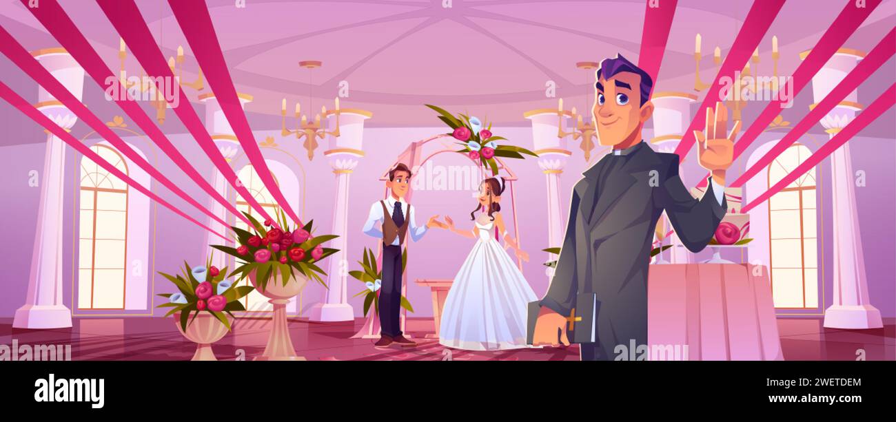 Marié et mariée sous l'arche de mariage drapé et décoré de fleurs et pasteur agitant la main dans la salle de bal festive ou la salle de banquet. Couple heureux de dessin animé Illustration de Vecteur