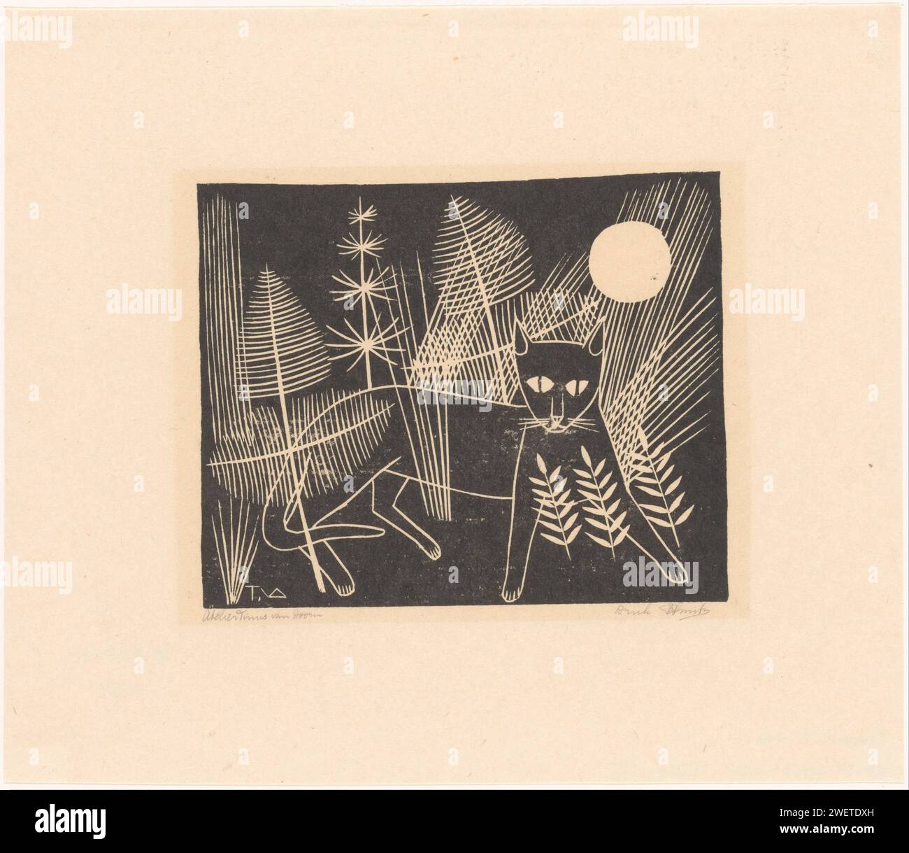 Jeroen sur la chasse, Tinus van Doorn, 1937 Print Chat entre les plantes, dans des contours blancs sur un fond noir. papier. encre d'impression cat Banque D'Images