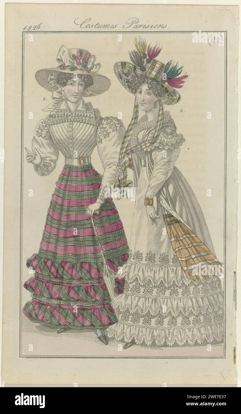 Journal des dames et de la mode, editis Francfort 1826, costumes parisiens, (22), 1826 No 1 : chapeau de 'paille d'Italie' orné de rubans de satin et de fleurs. 'Canezou' en organdie ornée de broderies. N ° 2 : chapeau écossais à carreaux avec des rubans d'arc. Écharpe rayée avec franges aux extrémités. Tirage du magazine de mode Journal des Dames et des modes, Francfort-sur-le-main, 1798-1848. Femme numéro 1 est une copie modifiée à pl. 2413, 10 juin 1826, extrait du magazine de mode Journal des Dames et des modes, publié par Pierre de la Mésangère, Paris, 1797-1839. robe de gravure en papier, allez Banque D'Images