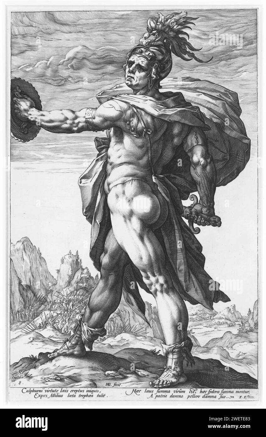 Calpurnius, Hendrick Goltzius, 1586 imprimer le héros Marcus Calpurnius Flama, vu à gauche. En arrière-plan, vous pouvez voir comment il a sauvé le consul Attilius Calatinus d'une embuscade avec une petite armée. Deux fois deux versets en latin sous la représentation. Cette estampe fait partie d'une série de dix estampes, composée d'une estampe de titre non numérotée, de huit représentations numérotées de Helden et d'une estampe de clôture non numérotée. Gravure sur papier de personnages masculins de l'histoire classique (CALPURNIUS, M.) Banque D'Images