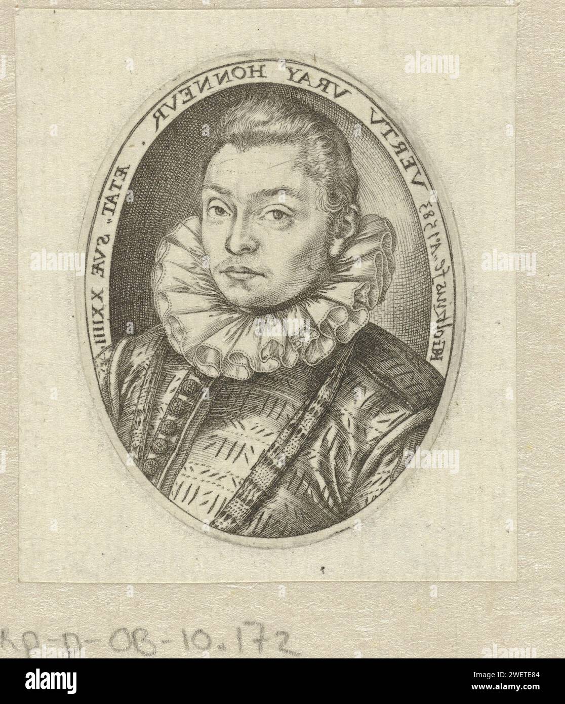 Portrait d'un homme de 24 ans, impression 1583 Portrait d'un homme avec remède plissé, à mi-chemin. Pas tout à fait clair qui est représenté ici : Jan Dircksz. Schatter ou Erasmus Vollevlens ou n'importe qui d'autre. Inscription Rand autour de l'ovale. gravure sur papier personne historique anonyme représentée seule. Cou-équipement  vêtements (avec NOM) Banque D'Images