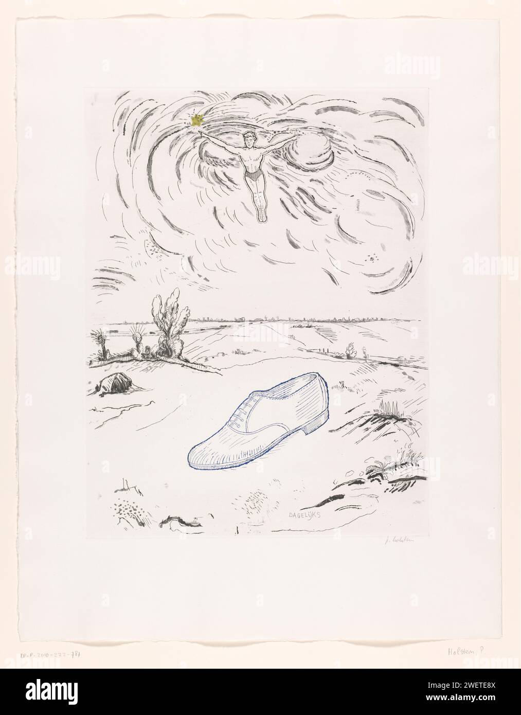 La chaussure idéale, Pieter Holstein, c. 1986 imprimer Chaussure bleue à lacets dans le paysage, au-dessus d'un homme flottant avec les bras écartés. gravure du papier Banque D'Images