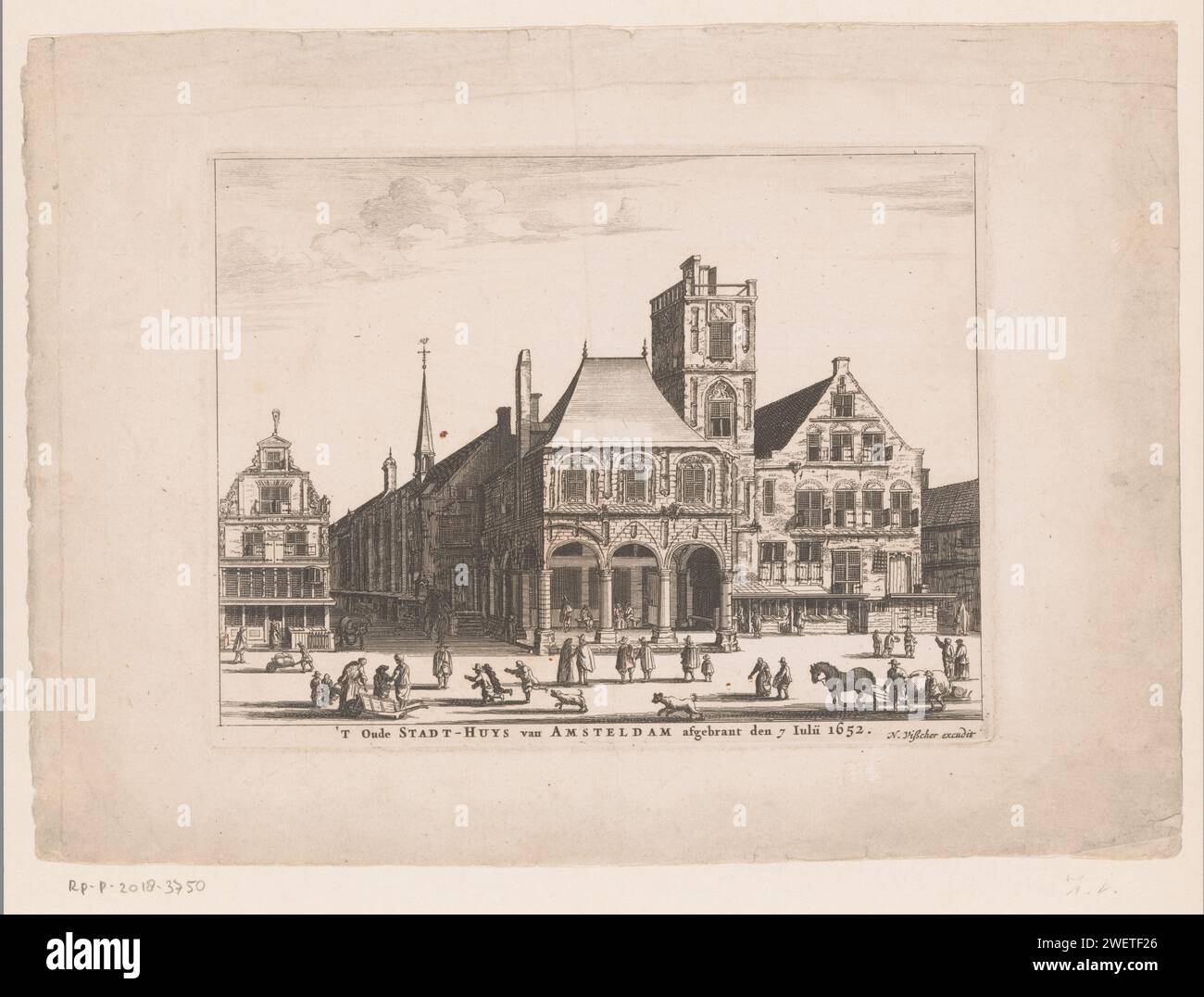 Vue de l'ancien hôtel de ville à Amsterdam, Nicolaes Visscher (I), 1652 - 1700 imprimer papier gravure Hôtel de ville d'Amsterdam (14e siècle-1652) Banque D'Images
