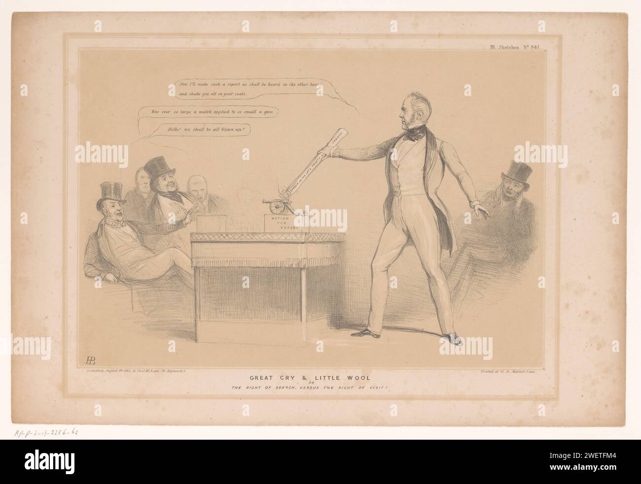 Cartoon avec Lord Palmerston, John Doyle, 1845 print Cartoon de 1845 avec Lord Palmerston qui allume la mèche d'un très petit canon avec une énorme allumette. Publié sous le n° 841 dans la série HB Sketches. armes à feu en papier : canon. correspondance. caricatures et satires politiques Banque D'Images
