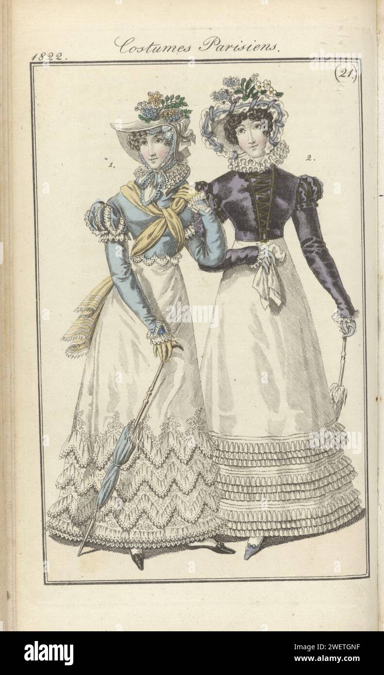 Journal des dames et de la mode, editis Francfort 19 mai 1822, costumes parisiens (21), Anonyme, 1822 selon le texte d'accompagnement (p. 575) : Fig. 1 : chapeau van 'paille de riz' décoré d'un ruban en maille. Spencer 'et Levantine', garnie de blonde (canette). Japon de mousseline avec volants brodés. Écharpe de 'gaze cachemire'. Gants jaunes et chaussures noires. Fig. 2 : chapeau de maille orné de 'rouleaus' de satin, lilas et primulas. Spencer de velours, décoré de galon doré. Robe batiste en coton (percale) avec 'Remplis' et bandes de mousseline. Gants blancs. Chaussures Lila. Banque D'Images