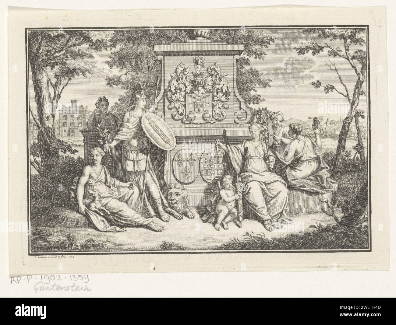 Spectacle allégorique en hommage à Ferdinand van Collen, 1725 estampes les figures allégoriques des femmes sont des figures féminines allégoriques autour d'un monument avec écusson familial du genre Collen et les armoiries. Juste justice avec à côté de son amor qui porte un phases. Derrière la justice une femme qui montre les armoiries de la ville d'Amsterdam. A gauche en arrière-plan un domaine de campagne, à droite une bataille est en cours. Hommage à Ferdinand van Collen. gravure sur papier / gravure / impression typographique portant armorial, héraldique. armoiries (symbole de l'état, etc.). Justitia (justice Banque D'Images