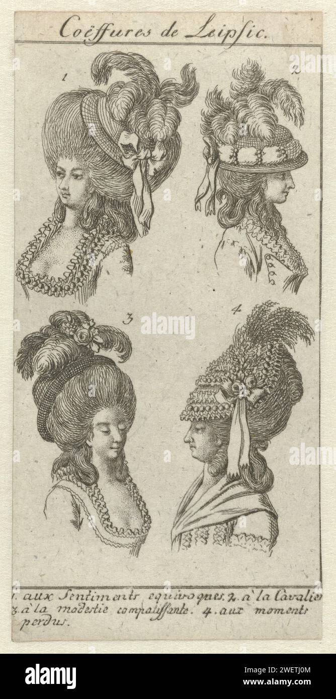 Coëffures de Leipsic, 1778-1780, quatre coiffures pour femmes de Leipzig , 1778 - 1780 quatre coiffures pour femmes avec chapeau ou chapeau de Leipzig, dans un cadre, numérotés de un à quatre : 1. Aux sentiments Equivo Ques. 2. à la cavalier. 3. à la Modestie Compaalissante. 4. Aux moments perdus. L'estampe fait partie de l'Almanak Coëffures de Leipzig, 1778-1780. Styles de gravure de papier de coiffure - AA -  femmes. casque : casquette (+ vêtements pour femmes). cou-équipement  vêtements (+ vêtements pour femmes). calendrier, almanach. assiettes mode Banque D'Images