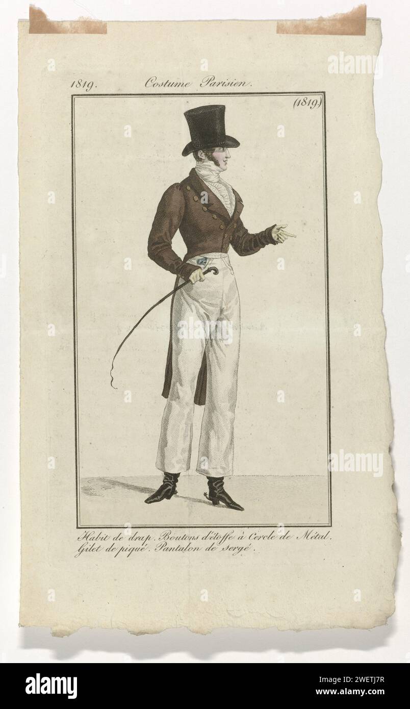 Journal des dames et de la mode, costume parisien, 31 mai 1819, (1819) : DRAP HABIT (...), 1819 Homme debout vêtu d'une 'habit' de tissu, nœuds de tissu avec cercle en métal. Il porte un gilet de 'piqué' sur un pantalon long de 'sergé'. Chemise avec jabot plissé. Tissu pour le cou. Accessoires : chapeau haut de gamme, gants, fouet, bottes avec talons et traces. Tirage du magazine de mode Journal des Dames et des modes, édité par Pierre de la Mésangère, Paris, 1797-1839. plaques de mode gravées en papier. manteau (+ vêtements pour hommes). pantalons, culottes, etc (PANTALON) (+ vêtements pour hommes). vêtement pour la partie supérieure de t Banque D'Images