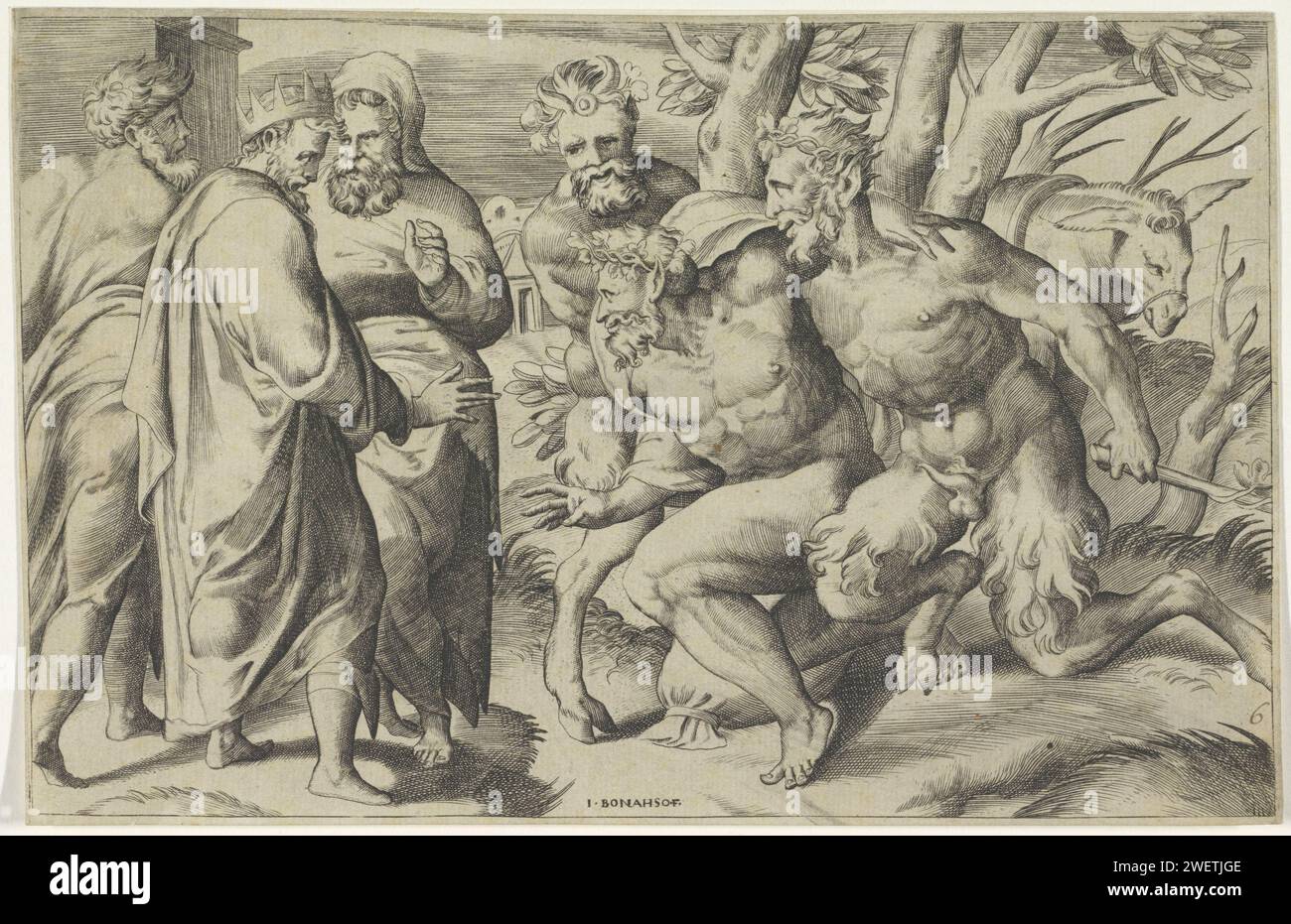 Deux saters apportent Silène au roi Midas, Giulio Bonasone, d'après Perino del Vaga, 1501 - 1580 print Silène est soutenu par deux saters. Sur la gauche se trouve le roi Midas qui se tourne vers Silène. Gravure de papier Silenus amicalement diverti par Midas. Satyre(s) (en général) Banque D'Images