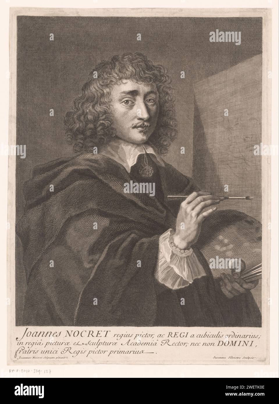 Portret Jean Nocret, Suzanne Silvestre, d'après Jean Nocret, 1704 - 1738 tirage Portrait du peintre Joannes (Jean) Nocret (1615-1672), demi Lijve, palette et pinceau à la main, debout devant son âne. À un autoportrait peint. Avec légende en latin. gravure sur papier / gravure de personnes historiques. portrait, autoportrait de peintre Banque D'Images