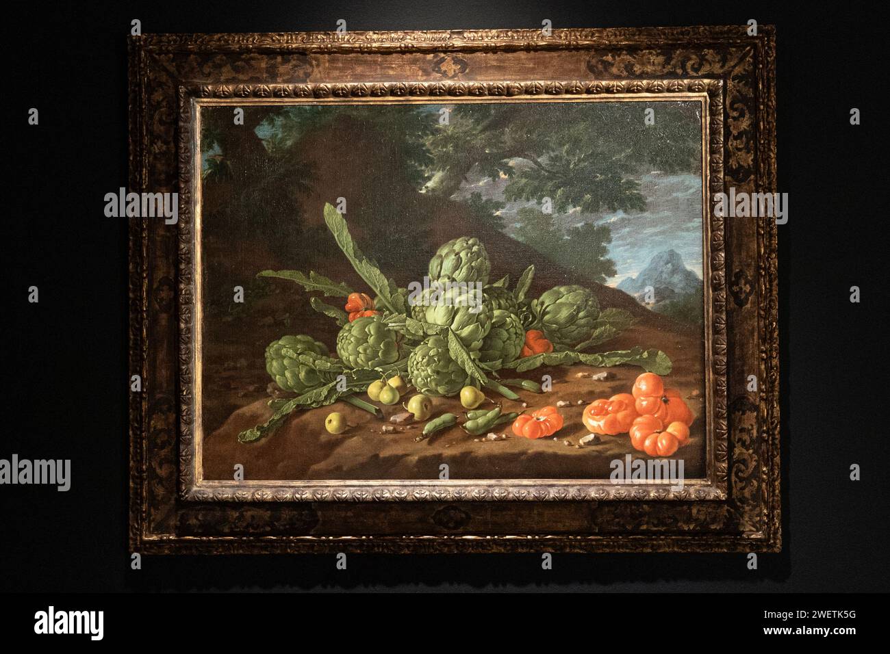 Peinture de Luis Melendez 'Still Life' mise aux enchères dans le cadre des ventes annuelles de Sotheby's Masters week chez Sotheby's à New York lors d'un aperçu presse le 26 janvier 2024 Banque D'Images