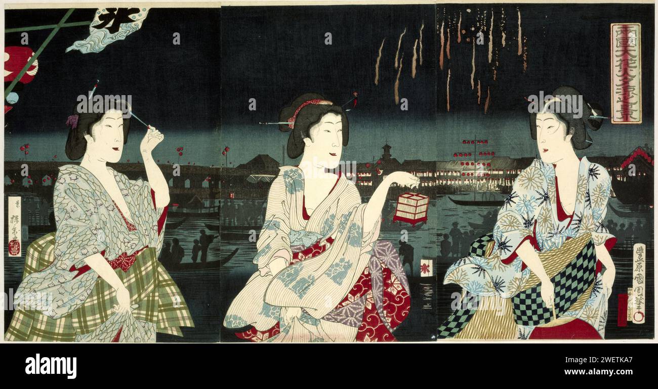 Profitant des bries du soir pendant le feu d'artifice à Ryogoku, Utagawa Kunichika, 1887 imprime trois femmes, à mi-chemin, sur les rives de la rivière Sumida, de nuit ; en arrière-plan le pont Ryogoku et les spectateurs sur les bateaux regardant le feu d'artifice. papier couleur bois femme adulte (+ trois personnes). feu de joie, feux d'artifice. rivière Banque D'Images