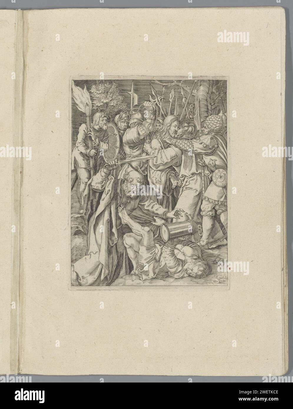 Collection du Christ, 1610 - 1620 imprimer le Christ est capturé par des soldats à la cour de Getsémane. Judas l'embrasse sur la joue. Peter Malchus prend une oreille au premier plan. L'impression fait partie d'un album. Papier gravant le baiser de Judas : accompagné de soldats aux torches et aux lanternes, il embrasse le Christ. Pierre tire son épée et coupe l'oreille de Malchus Banque D'Images