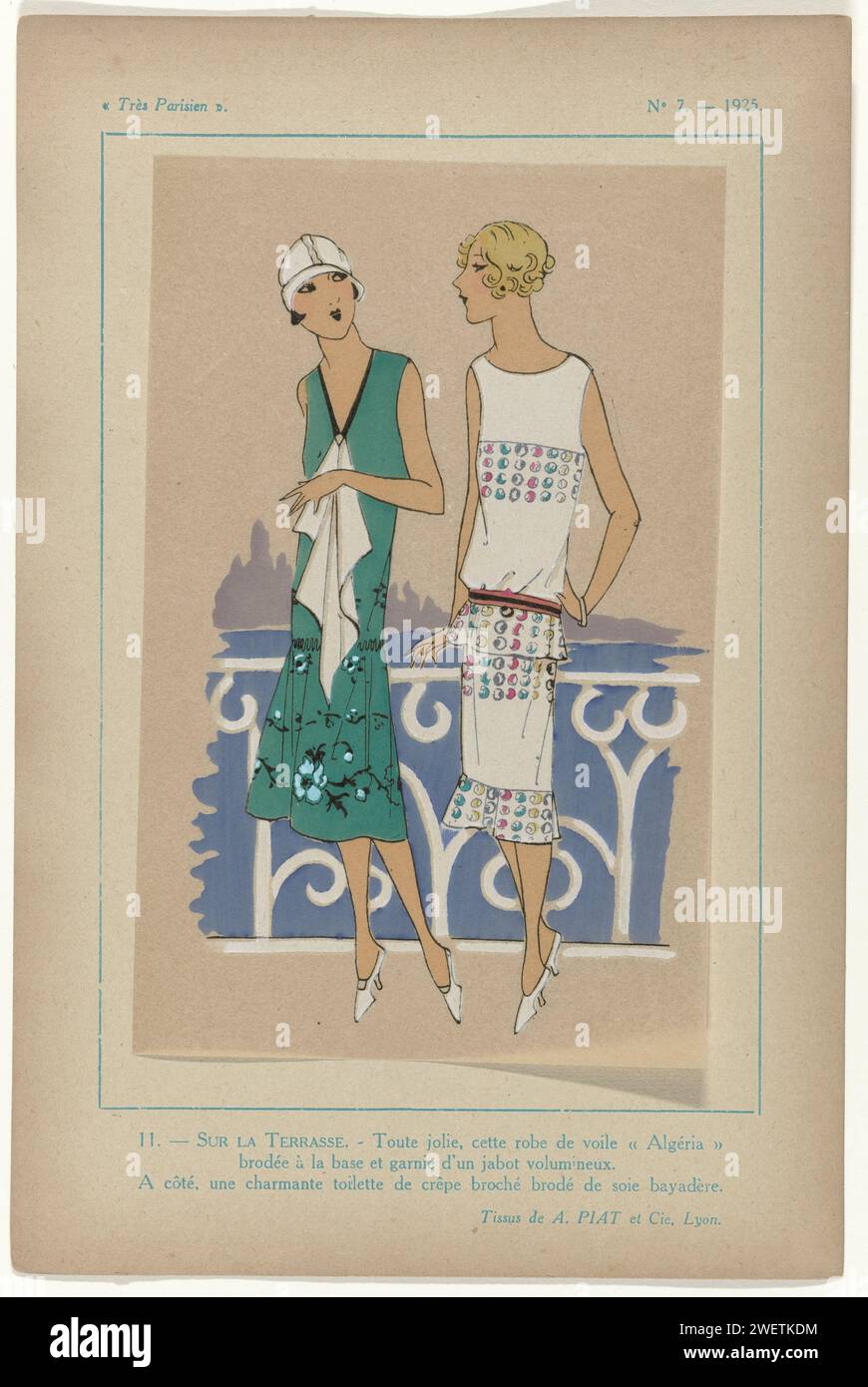 Très parisien, 1925, n°7, pl. 11. - Sur la terrasse, 1925 Une robe d'été de voile, avec Jabot blanc ; une robe d'été brodée de Crêpe. Imprimé du magazine de mode très parisien ... La mode, le chic, l'élégance (1920-1936) impression typographique papier de planches mode. robe, robe : robe de jour (+ vêtements pour femmes). Banque D'Images