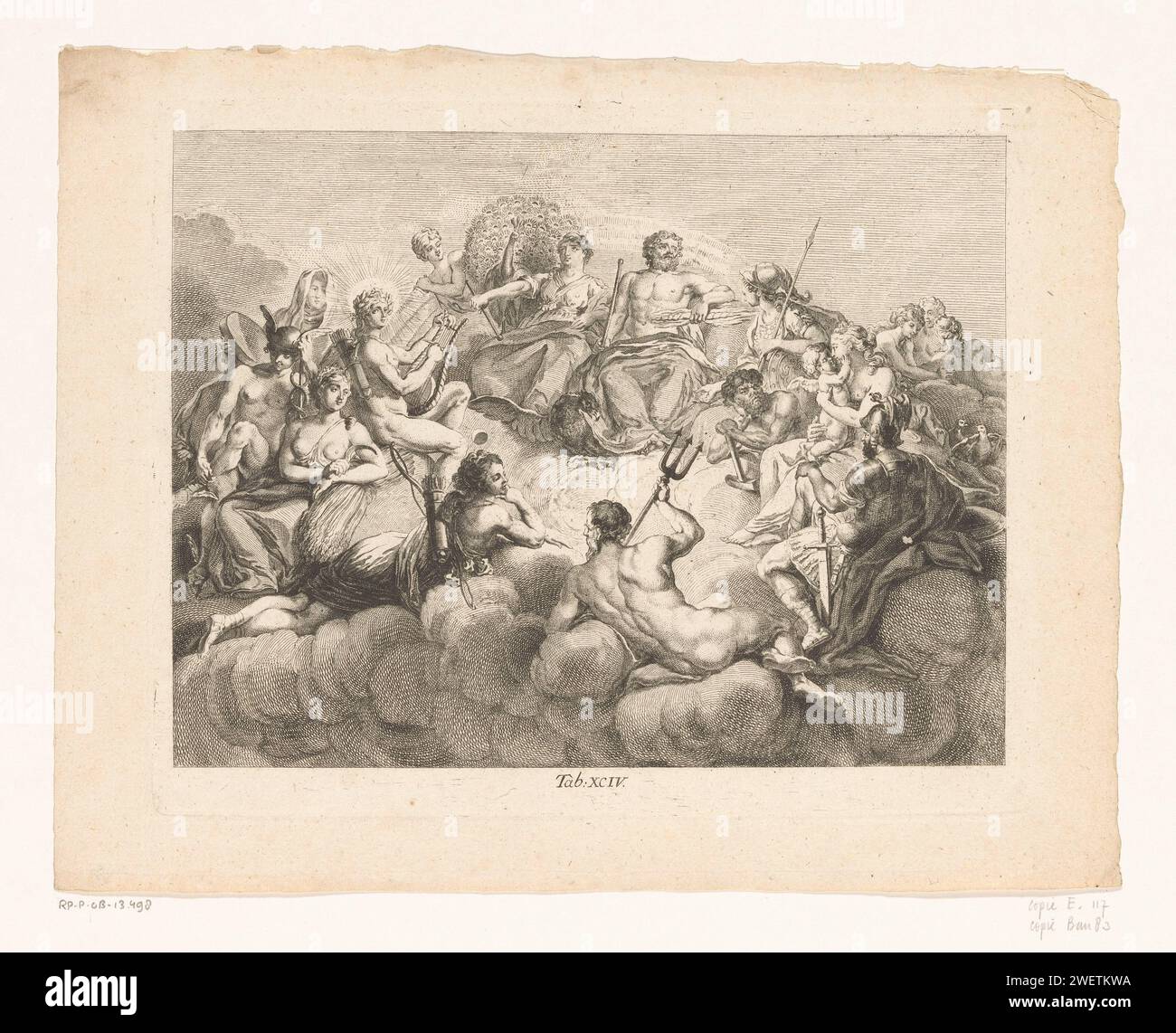 Collection des dieux sur l'Olympe, Anonyme, Daniel Nikolaus Chodowiecki (copie après), dans ou après 1774 tirage numéroté au milieu : Tab : XCIV. Papier gravure des dieux olympiens ensemble : Jupiter, Junon, Neptune, Cérès, Apollon, Diane, Mars, Vénus, Mercure, Minerve, Vulcan, Vesta (ou Bacchus) Banque D'Images