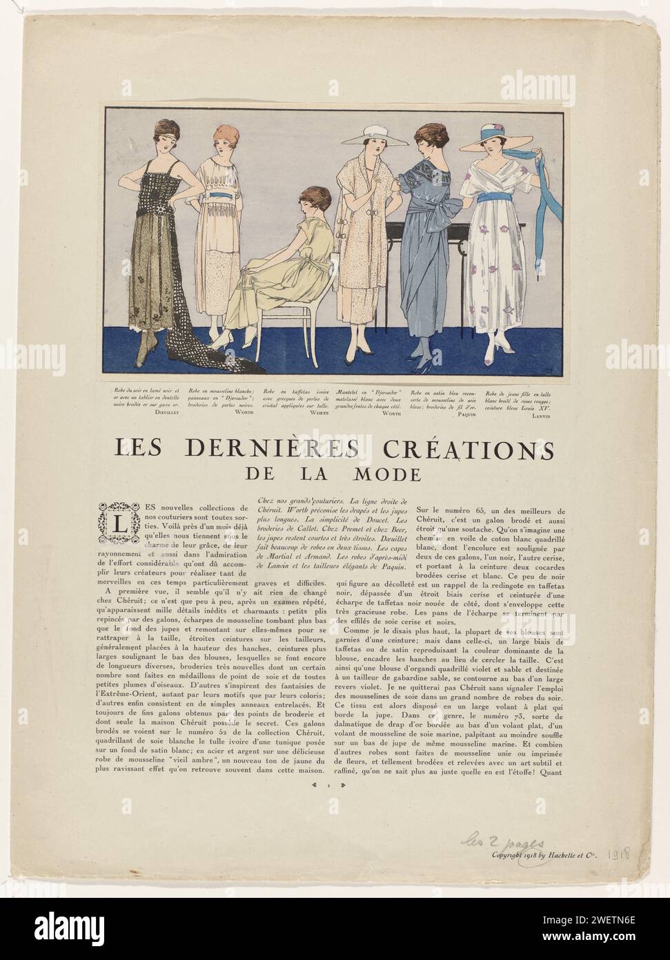 Les élégances parisiennes 1918 : les dernières créations du mod (...), 1918 deux magazines (p. 1 à 4) du magazine de mode les élégance parisiennes (1916-1924) avec sept imprimés collés avec des dessins de Doeuillet, Worth, Paquin, Lanvin, Jenny, bière et poir. Page 1, six femmes v.l.n.r. : Evening Japon de lamé noir et doré avec un tableau latéral noir avec broderie dorée, de Doeuillet. Robe en mousseline blanche, de WORTH. Robe de côté taf ivoire, de WORTH. 'Mantelet et 'Djersador', de WORTH. Noir Satin CLACE CLOOKED AVEC Musseline de soie BLEU, de Paquin. Habille-toi, suita Banque D'Images