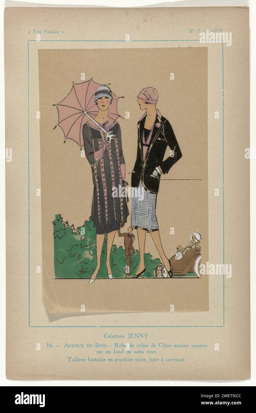 Très parisien, 1925, n°7, pl. 16 : créations Jenny - Avenue du Bois, 1925 deux modèles de la maison de couture Jenny. Crêpe de Chine et tailleur de Black Popeline sur une jupe à carreaux. Imprimé du magazine de mode très parisien ... La mode, le chic, l'élégance (1920-1936) impression typographique papier de planches mode. robe, robe : robe de jour (+ vêtements pour femmes). Ensembles de vêtements (TAILLEUR) (+ vêtements pour femmes). parasol, parasol (+ vêtements pour femmes) Banque D'Images