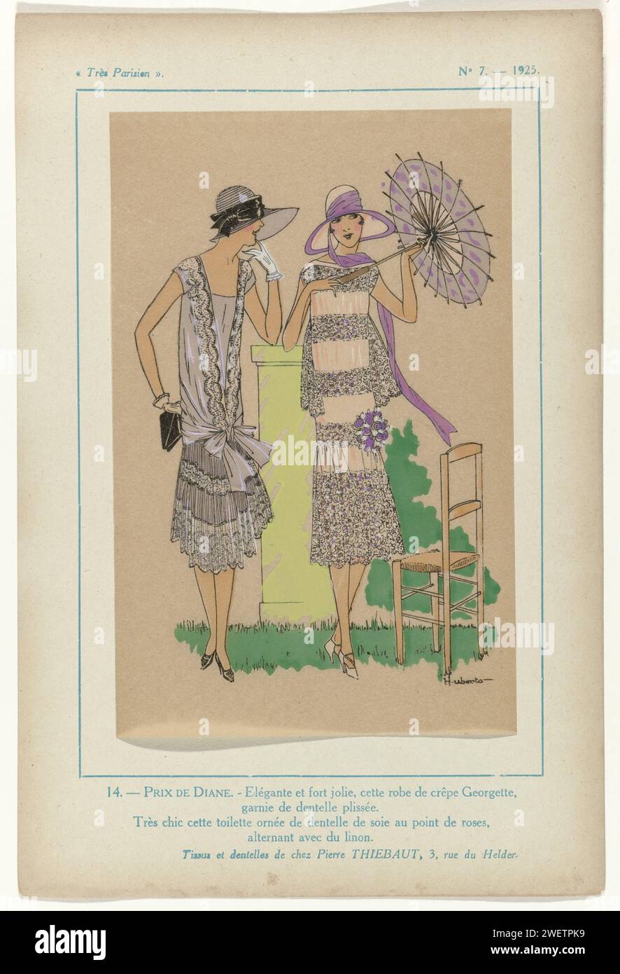Très parisien, 1925, n°7, pl. 14. - Prix de Diane, 1925 robes d'été. Une robe de crêpe Georgette, garnie de côté plissé et une robe chic avec garniture de chez Zijdekant. Avec rosette sur la hanche. Imprimé du magazine de mode très parisien ... La mode, le chic, l'élégance (1920-1936) impression typographique papier de planches mode. robe, robe : robe de jour (+ vêtements pour femmes). parasol, parasol (+ vêtements pour femmes). Casque (CHAPEAU DE SOLEIL) (+ vêtements pour femmes) Banque D'Images