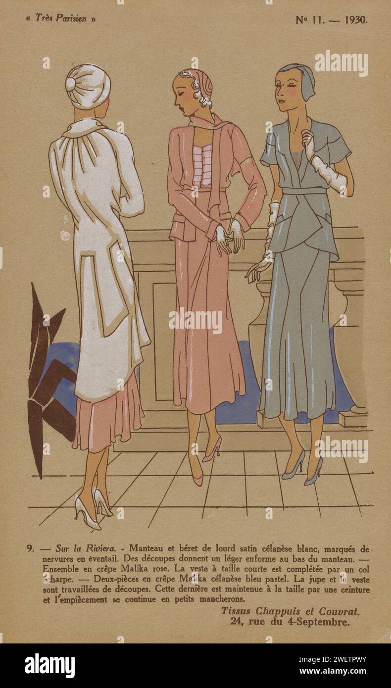 Très parisien, 1930, non 11 : 9. - Sur la Riviera ..., 1930 de gauche à droite : manteau et béret blanc 'Satin Célanèse' avec ploien côtelé en éventail. Ensemble de crêpe rose Malika. Veste avec taille haute et col écharpe. Deux-pièces (Mantelpak) de bleu pastel 'Crêpe Malika Célanèse'. Veste à manches courtes et ceinture. Tissus de Chappuis et Couvrat. Tirage du magazine de mode très parisien (1920-1936). couche d'impression typographique en papier (+ vêtements pour femmes). casque : beret (+ vêtements pour femmes). Cou-équipement  vêtements (COL CHÂLE) (+ vêtements pour femmes). ensembles de vêtements ( Banque D'Images