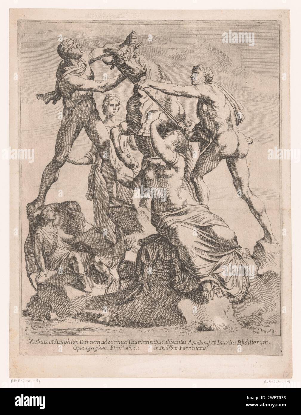 Statue d'Amphion et Stehus, 1638 papier gravé Amphion et Zethus vengent leur mère en attachant Dirce aux cornes d'un taureau. pièce de sculpture, reproduction d'une pièce de sculpture Banque D'Images