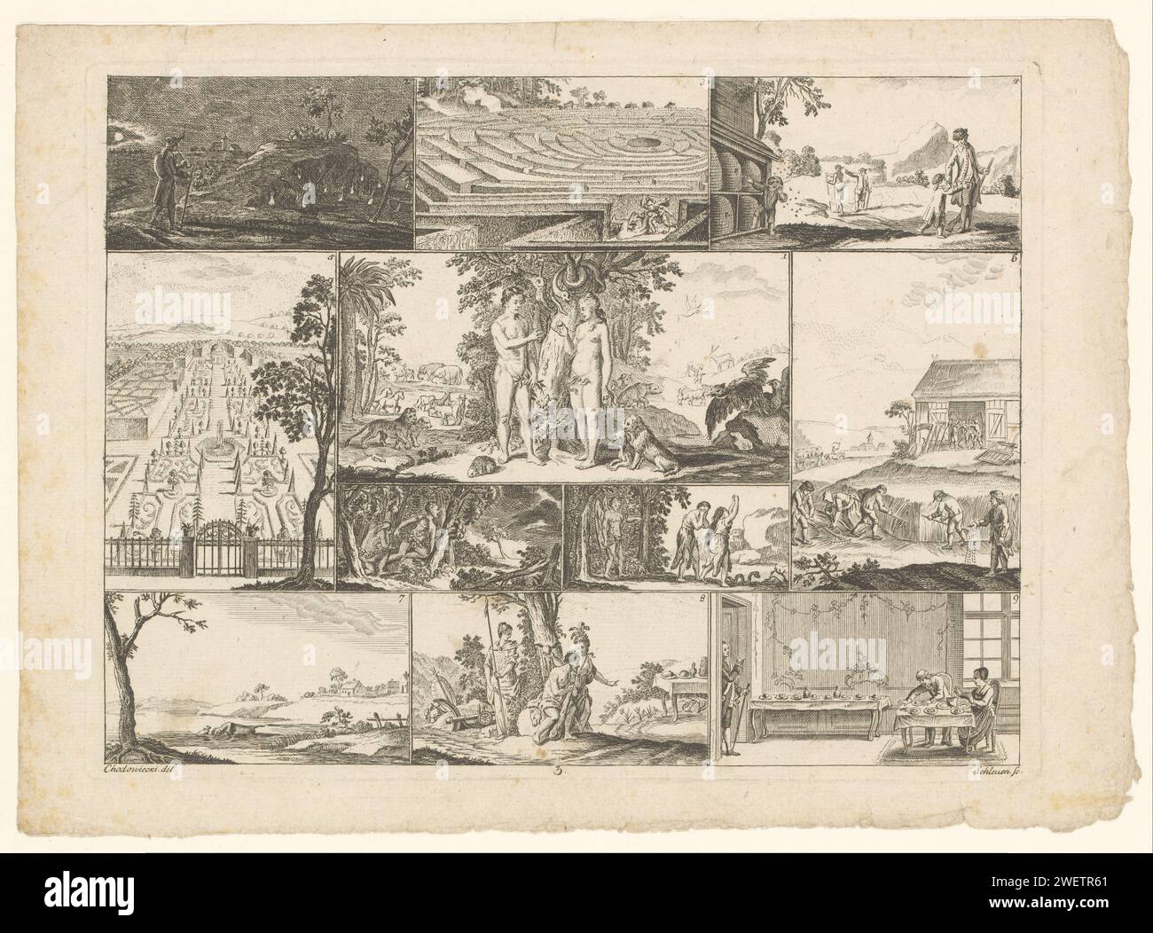 Automne, entouré de diverses performances, Johann David Schleuen (I), d'après Daniel Nikolaus Chodowiecki, 1784 imprimer diverses performances contenues dans des cadres, avec la chute au centre de trois cours, flanqué par la gauche d'un jardin et sur la droite des agriculteurs dans un champ de céréales. En haut et en bas d'autres images, y compris Thesisus et le Minotaurus dans le labyrinthe. Numéroté au milieu : 3. Gravure sur papier / gravure Eve offre le fruit à Adam. (Histoire de) le Minotaure. Thésée tue le Minotaure Banque D'Images