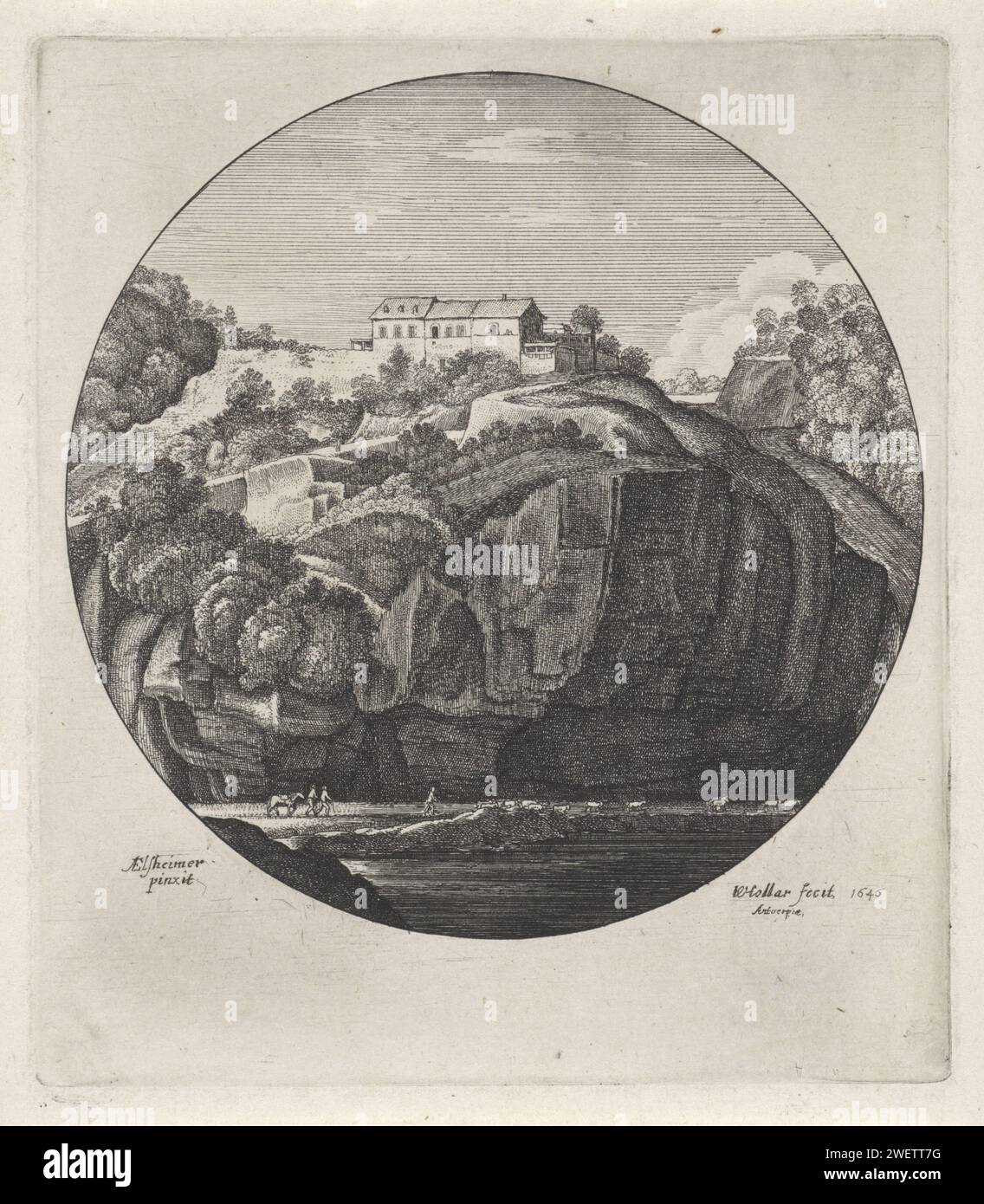 Paysage avec maison près des rochers escarpés, Venceslaus Hollar, d'après Adam Elsheimer, gravure sur papier imprimé 1646 Banque D'Images