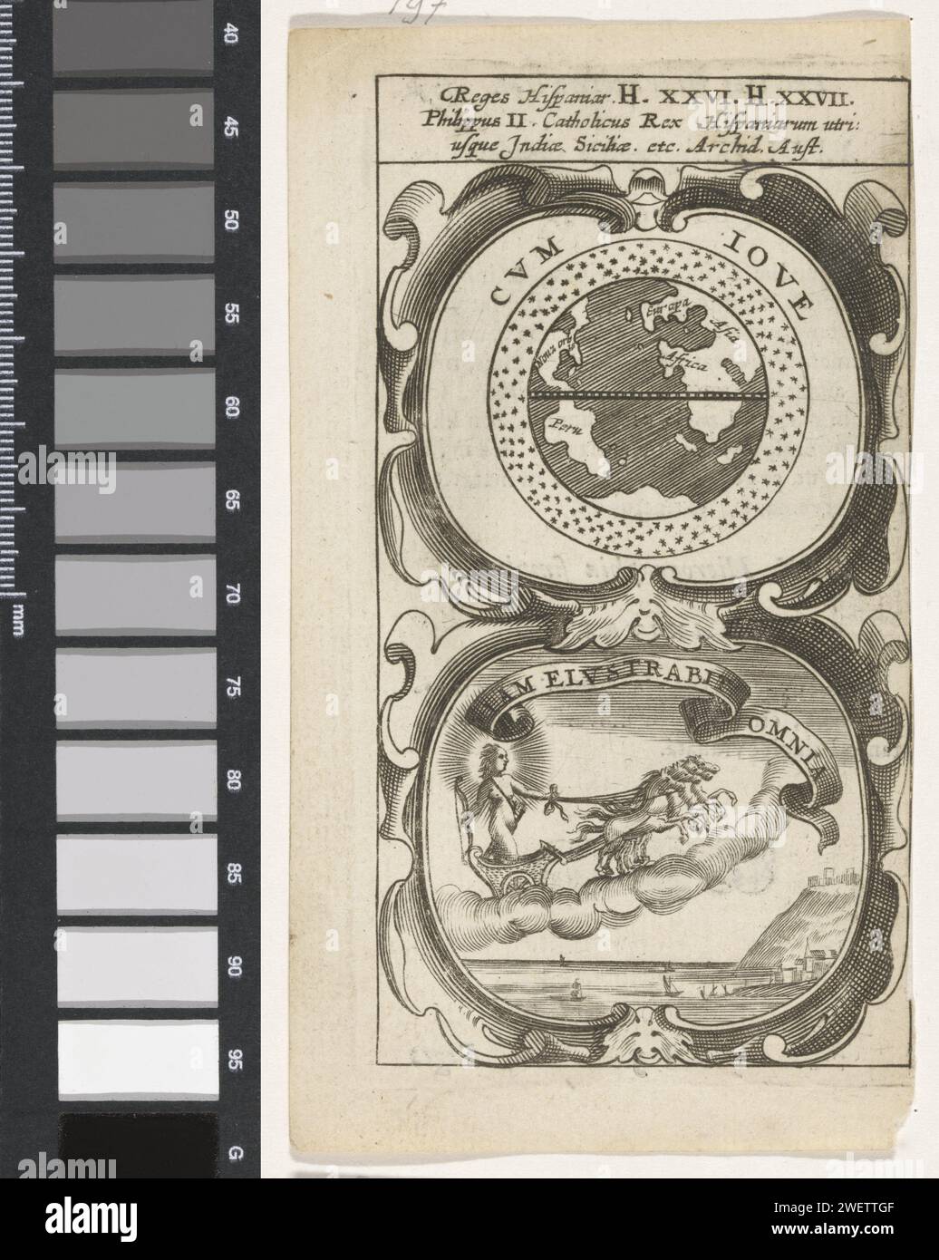 Monde et ciel étoilé / voiture solaire d'Apollo, Anonyme, d'après Aegidius Sadeler (II), 1666 imprimer un emblème avec deux représentations. Au-dessus du monde avec les noms des différents continents et autour des étoiles dans le ciel. Sous Apollo et sa voiture solaire ont tiré à travers trois chevaux. Ce sont des devises de Philippe II. gravure sur papier / impression typographique terre, monde comme corps céleste. (Histoire de) Apollo (Phoebus) Banque D'Images