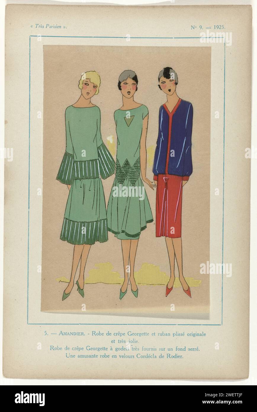 Très parisien, 1925, no 9, pl. 5.- Amandier, 1925 Crêpe robe Georgette avec pneus plissés à la taille, sur les manches et sur le bord inférieur de la jupe ; Crêpe robe Georgette et robe en velours Cordéla van Rodier. Imprimé du magazine de mode très parisien ... La mode, le chic, l'élégance (1920-1936) impression typographique papier de planches mode. robe, robe : robe de jour (+ vêtements pour femmes) Banque D'Images
