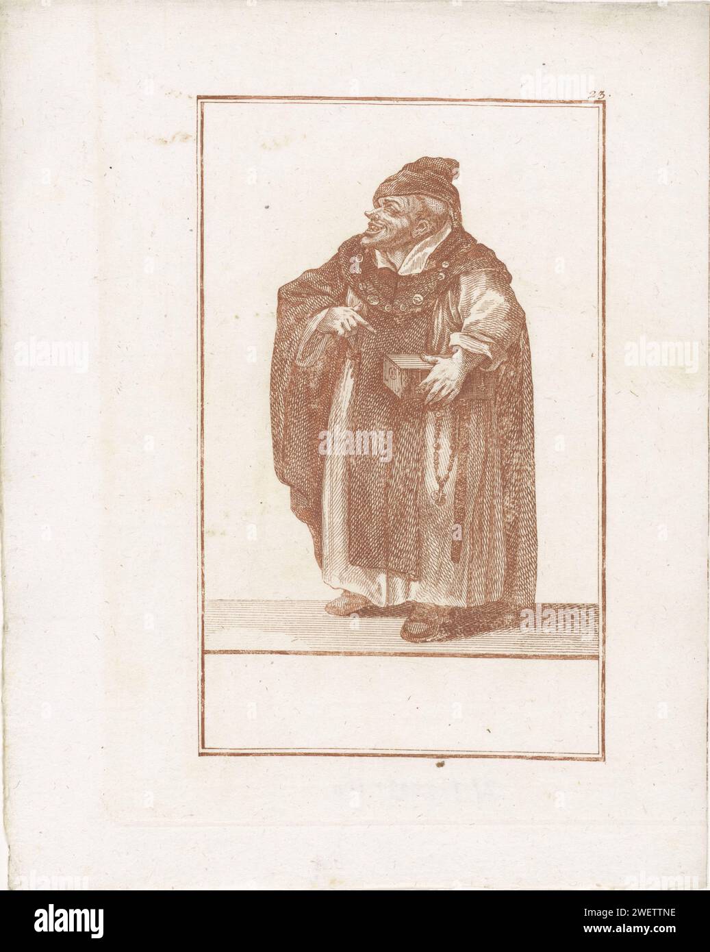 Monnik avec une boîte à argent, Jacob Gole (attribué à), d'après Cornelis Dusart, 1724 estampes souriant moine avec une boîte à argent sous son bras gauche, qu'il pointe de la main droite. Une chaîne de pièces autour de son cou. Un rosaire de son côté. L'estampe fait partie d'une série de 50 parties sur le sujet des abus du clergé catholique. gravure de papier moine(s), frère(s). (Aspects de) la religion chrétienne ou l'Église (en tant qu'institution) ridiculisée, critiquée ou caricaturisée. coffre à argent, coffre au trésor, boîte à argent. bouche grande ouverte, dents serrées ensemble. aides à la prière, par exemple rosaire Banque D'Images