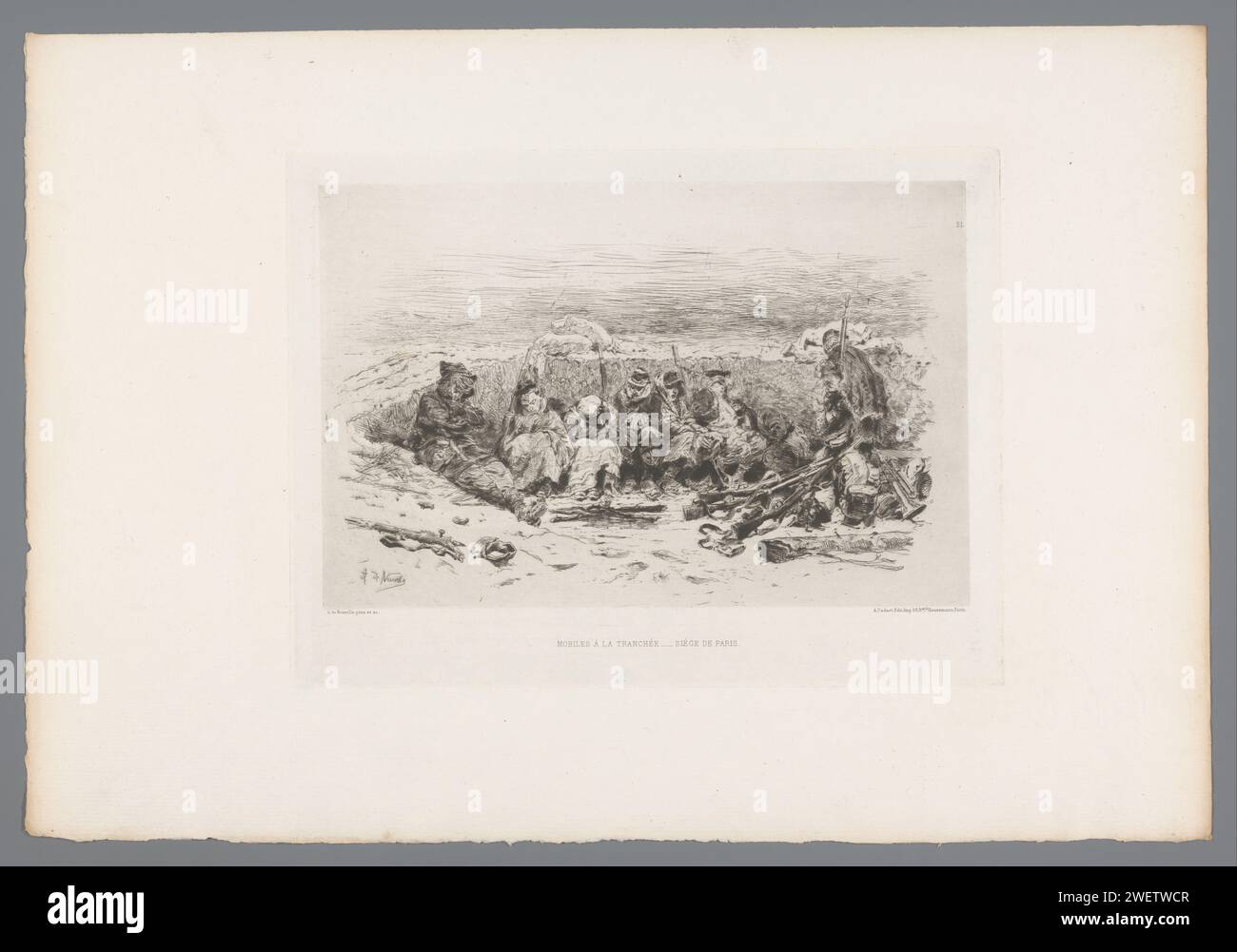 Soldats dans une tranchée, Alphonse de Neuville, 1875 papier d'impression gravure / tranchées de point sec Paris Banque D'Images