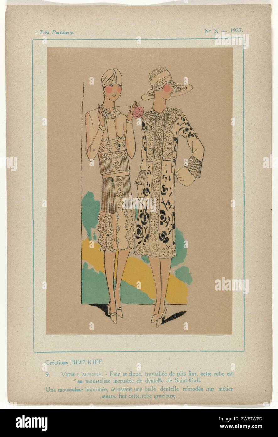 Très parisien, 1927 n°3, pl. 9 : créations Bechoff - vers Aurore, 1927 deux robes en mousseline imprimée de Bechoff. Chapeau assorti. Imprimé du magazine de mode très parisien ... La mode, le chic, l'élégance (1920-1936) impression typographique papier de planches mode. casque : chapeau (+ vêtements pour femmes). Robe, robe (ROBE D'APRÈS-MIDI) (+ vêtements pour femmes) Banque D'Images