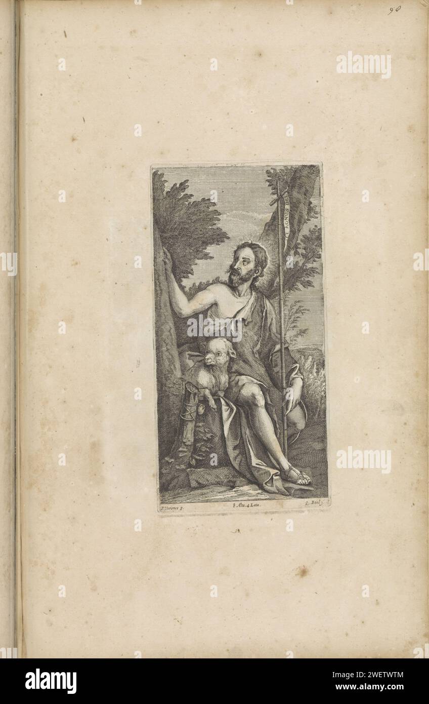 H. Johannes de Baptist, 1660 estampe il est assis près d'un agneau près d'un arbre. Dans sa main la croix. Ce tirage fait partie d'un album. Gravure de papier Jean le Baptiste ; attributs possibles : livre, croix de roseau, coupe baptismale, nid d'abeille, agneau, personnel Banque D'Images