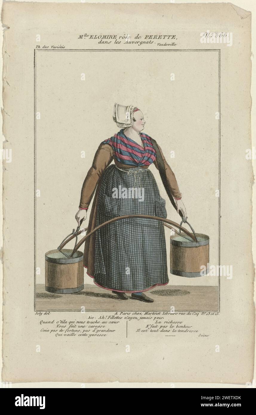 Petite galerie dramatique, 1796-1843, n° 366 : Miss Elomire rôle de Perette, 1796 - c. 1843 Costume de l'actrice Mlle Elomire dans le rôle de Perette de la farce 'les Auvergnats', mise en scène dans le 'Théâtre des variétés'. Femme ou laitière (?) Avec deux godets sur un étrier. Elle porte une robe avec un tablier à carreaux. Casquette. Fichu rayé. Tirage tiré du magazine petite Galerie dramatique ou Recueil de différents costumes d'acteurs des Théâtres de la capitale (1796-1843). actrice de gravure de papier (sur scène). assiettes mode. cou-équipement  vêtements (+ vêtements pour femmes). casque : casquette (+ vêtements pour femmes Banque D'Images