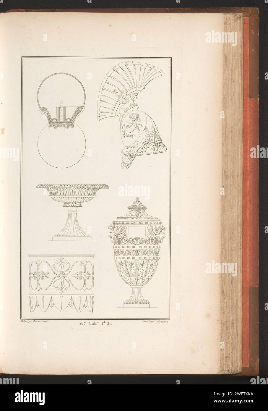 Ornementen divers, Charles Pierre Joseph Normand, 1820 impression ornementale avec divers objets décoratifs. Partie (18e CAH.er F.LE 31) du Prentalbum avec deux séries d'un total de 138 estampes ornées de Beauvallet et Normand, 'Fragmens d'Ortuens dance le style antique'. ornements de gravure de papier ~ art Banque D'Images