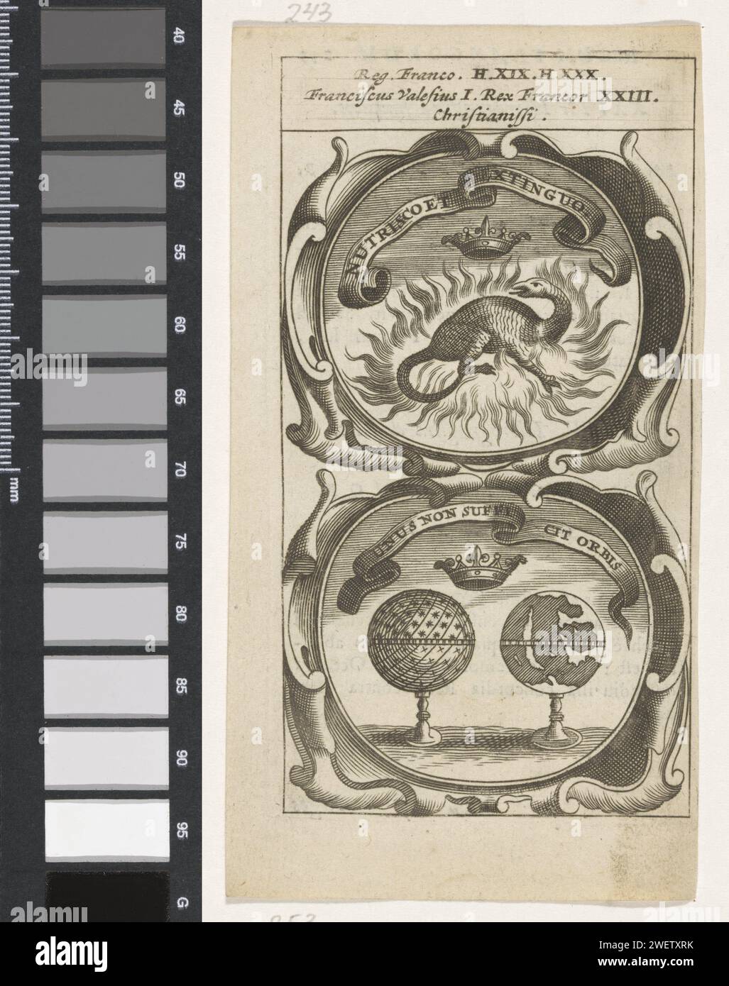 Dragon de feu couronné / Hemel- et Géographie avec Couronne, anonyme, d'après Aegidius Sadeler (II), 1666 imprimer un emblème avec deux représentations. Au-dessus d'un dragon dans le feu avec une couronne au-dessus. Sous un ciel et globe naturel avec couronne. Ce sont les avançons de Frans Ier de France. gravure sur papier / impression typographique dragon. globe. globe-étoile. couronne (symbole de souveraineté) - BB - femme dirigeant Banque D'Images