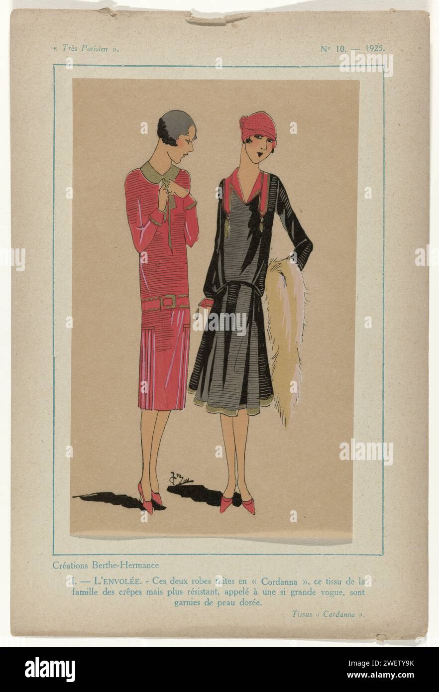 Très parisien, 1925, n°10, pl. 1 : créations Berthe Hermance - l'envolée, 1925 deux robes de 'Cordanna', une substance qui, selon la légende, était à la mode à cette époque. (Famille van de Crepe, mais plus solide) Imprimer du magazine de mode très parisien ... La mode, le chic, l'élégance (1920-1936) impression typographique papier de planches mode. robe, robe : robe de jour (+ vêtements pour femmes). Cou-équipement  vêtements (CHÂLE) (+ vêtements pour femmes) Banque D'Images