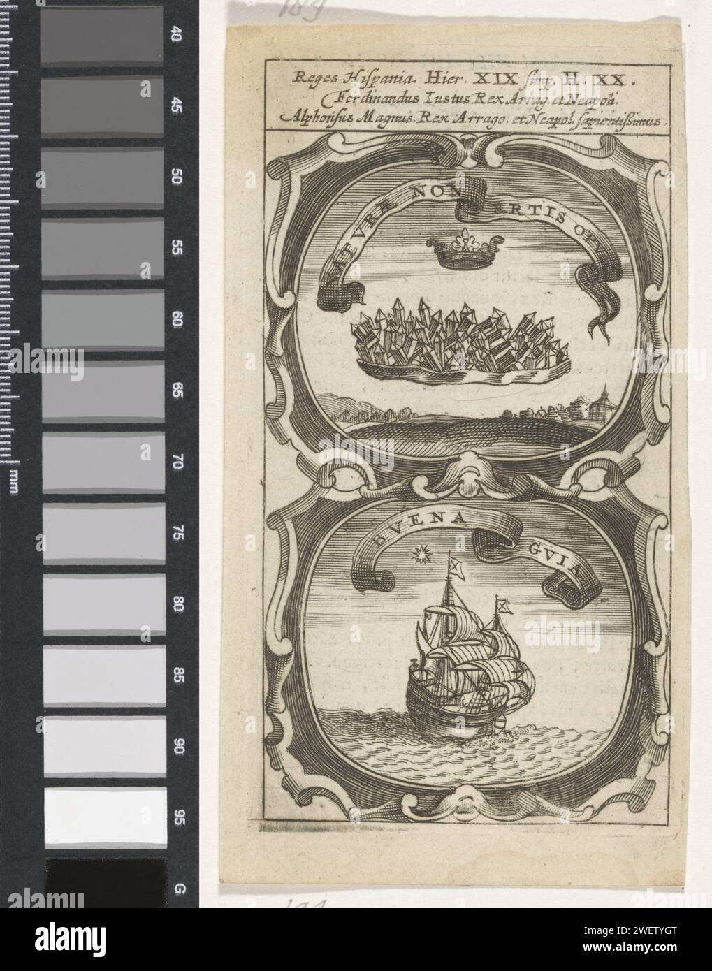 Plaine de cristal au-dessus d'un paysage / navire et de l'étoile de la piscine, anonyme, d'après Aegidius Sadeler (II), 1666 imprimer un emblème avec deux représentations. Au-dessus d'un paysage avec un plateau avec des cristaux et une couronne au-dessus. Sous un navire en mer. En outre, l'étoile polaire. Ce sont les étrangers par le roi Ferdinand II d'Aragon et le roi Alfons V d'Aragon. gravure sur papier / cristaux d'impression typographique. navires (en général) Banque D'Images