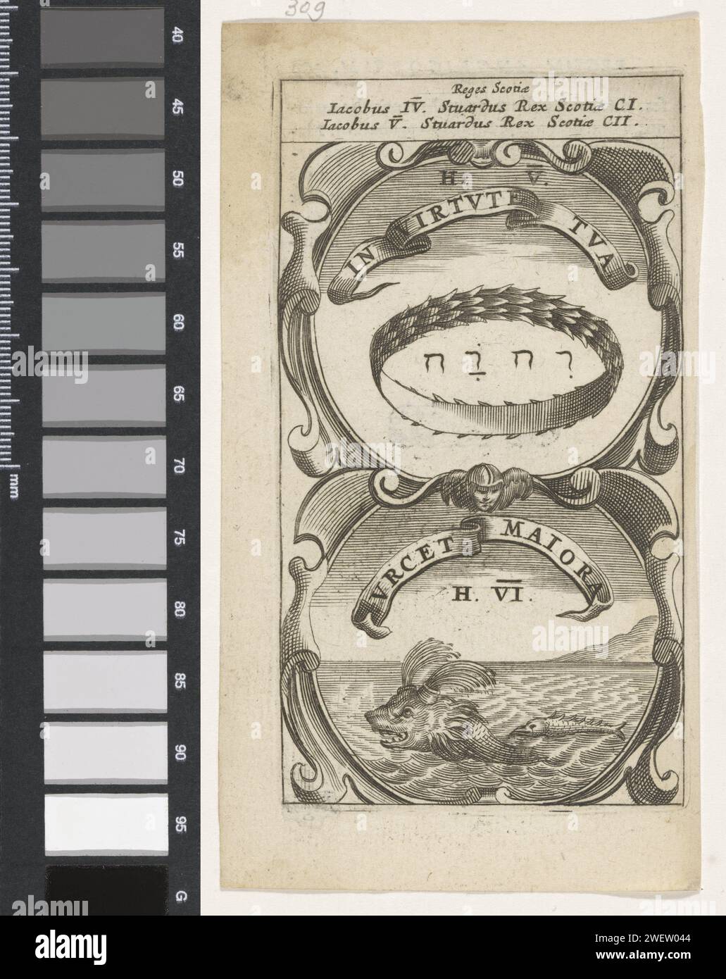 Couronne avec le nom de Dieu / poisson nageant derrière un dauphin, anonyme, d'après Aegidius Sadeler (II), 1666 imprimer un emblème avec deux représentations. Au-dessus d'une couronne ou d'une couronne avec le nom de Dieu en hébreu. Sous un poisson nage derrière un dauphin dans la mer. Ce sont les avançons de Jacobus IV et Jacobus V d'Écosse. Gravure sur papier / impression typographique tétragramme (en écriture hébraïque)  religion juive. garland, couronne. Mammifères nageurs : dolphin - FF - animaux fabuleux (parfois appelés à tort 'grotesques') ; 'Mostri' (Ripa). poissons Banque D'Images