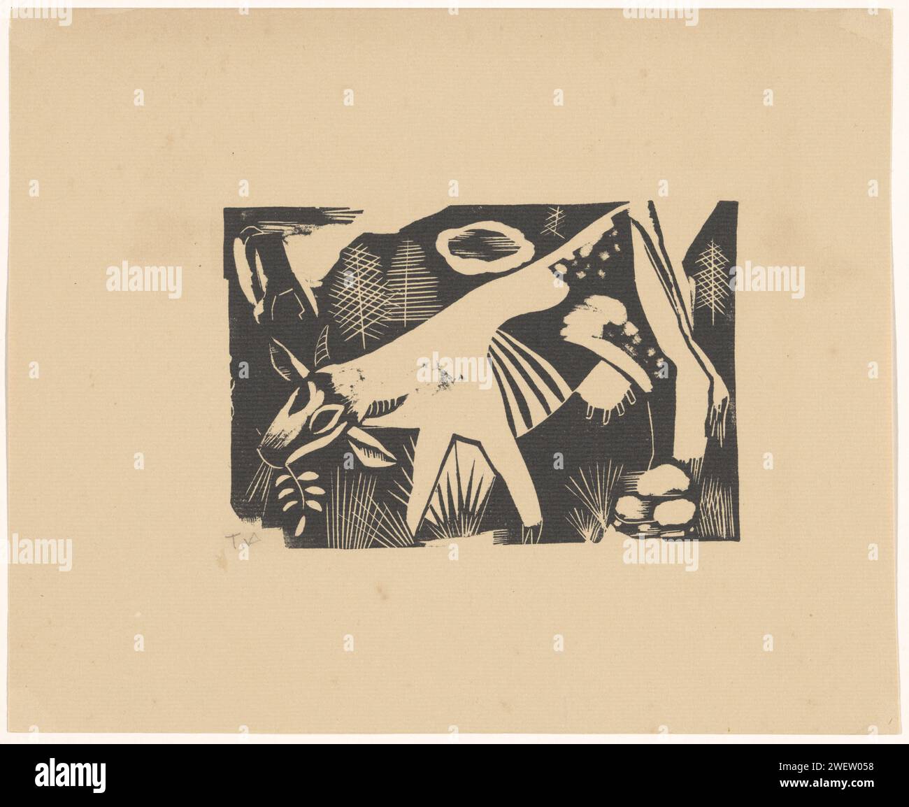 Vache, Tinus van Doorn, 1915 - 1940 imprimer Une vache sautant dans un pré. papier Banque D'Images