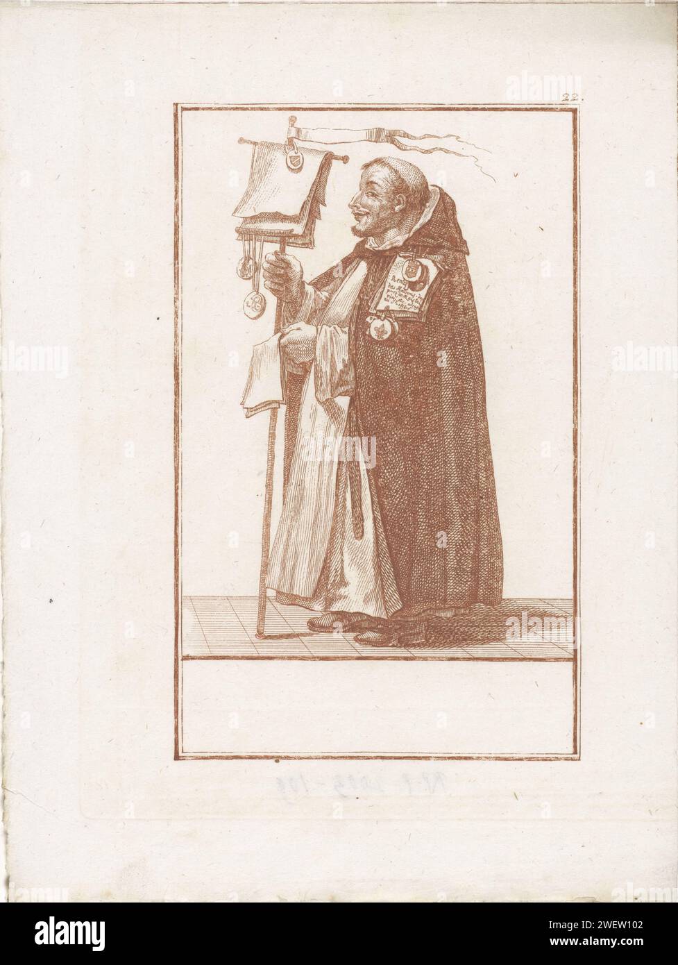 Monnik avec des lettres d'indulgence, Jacob Gole (attribué à), d'après Cornelis Dusart, 1724 impression Monnik avec un standard sur lequel les lettres de libération sont suspendues. Aussi dans sa main droite. L'estampe fait partie d'une série de 50 parties sur le sujet des abus du clergé catholique. gravure de papier moine(s), frère(s). (Aspects de) la religion chrétienne ou l'Église (en tant qu'institution) ridiculisée, critiquée ou caricaturisée. indulgence  confession Banque D'Images