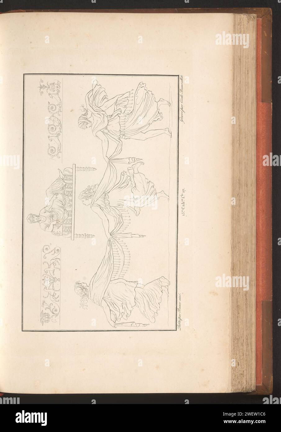 Femmes dansantes, Cécile Beauvallet, 1820 impression ornée avec des femmes dansantes et des femmes sur une chaise longue. Part (15e CAH. F.LE 17) du Prentalbum avec deux séries d'un total de 138 estampes ornées de Beauvallet et Normand, 'Fragmens d'Ortiens dans le style Antique'. ornements de gravure de papier  art. groupe de femmes (danse folklorique). canapé, canapé, canapé Banque D'Images