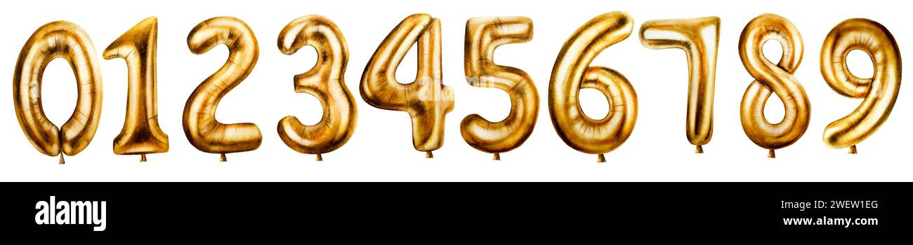 Ensemble d'aquarelle de ballons en feuille d'or chiffres 0,1,2,3,4,5,6,7,8,9. Numéros de fête d'anniversaire dessinés à la main zéro, un, deux, trois, quatre, cinq, six, sept, ie Banque D'Images