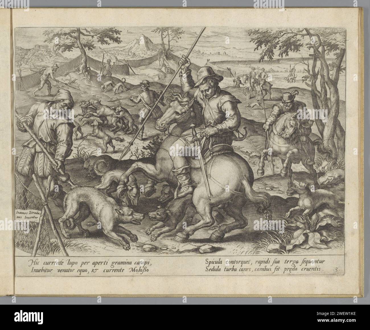 Wolvenjacht, 1580 - 1618 imprimer Paysage avec la chasse aux loups. Les chasseurs chassent à pied et à cheval avec des lances sur les loups. Ils sont aidés par des chiens de chasse. La zone est garnie d'une clôture. Sous le spectacle, un verset de quatre lignes en latin. Ce tirage fait partie d'un album. chasse à la gravure sur papier  mammifères. bêtes de proie, animaux prédateurs : loup. chiens de chasse. armes de casting : lance Banque D'Images